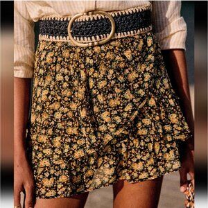 Sézane  Carolina Black & Yellow Floral Ruffle Tiered Mini Skirt Size FR 46/US 14